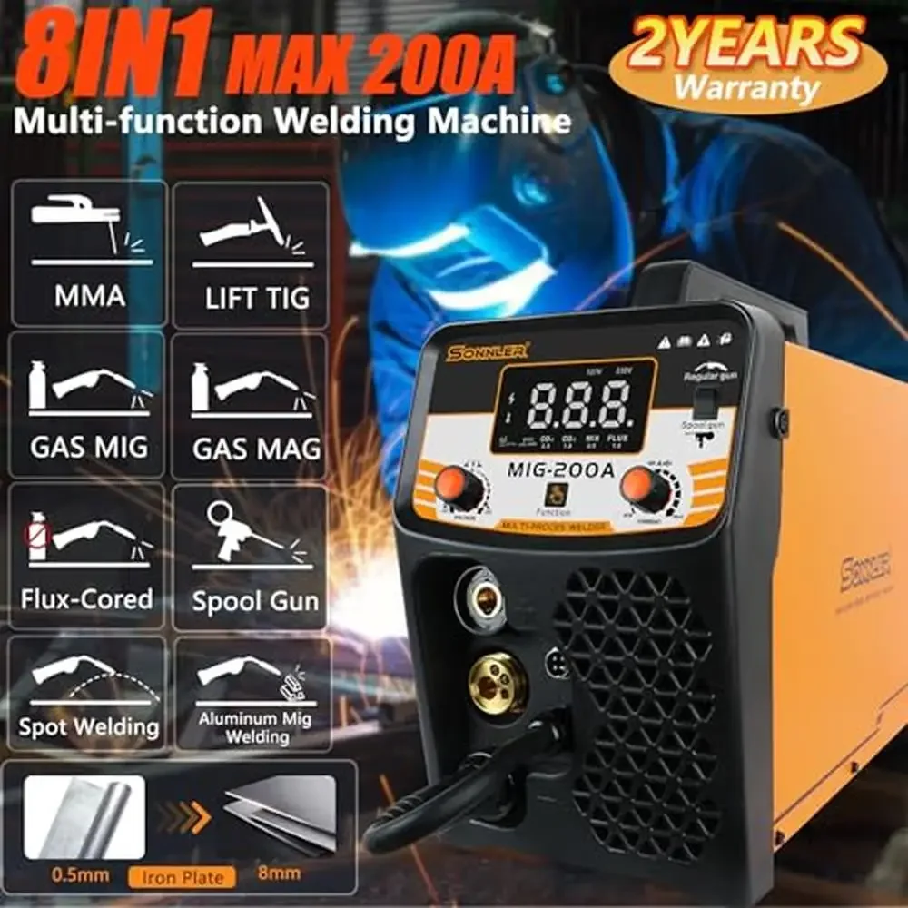 8 in 1 Aluminum 200A Multi Process Welder Gas MAG Flux Core MMA TIG Stick Spot Welding Spool Gun Optional LED Display Synergic 3