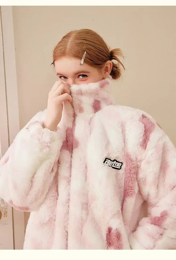 Tie dye Lamb wool Coat 2025 New Winter Trendy Student Cotton Jacket Thicken Loose Stand collar Coats Female Warm Parka Overcoat