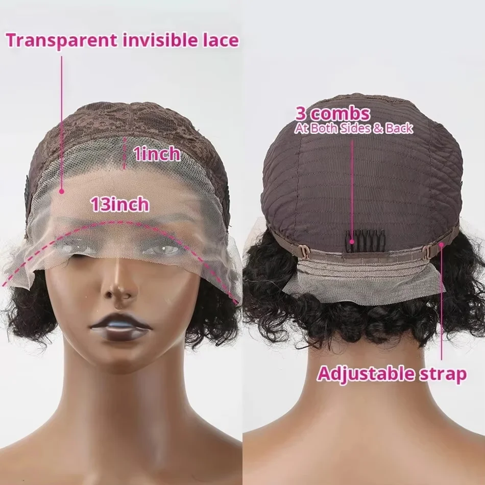 Parrucche in Capelli Umani Birmani per Donne di Colore, Parrucche Afro Ricce Pixie Bob Corte con Attaccatura Pre-Rifinita, Parrucche Bob con Onde d'Acqua e Frontale in Pizzo 13X1 - immagine 6
