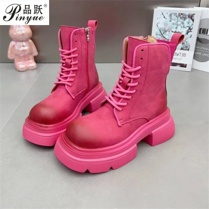 

Winter Platform Snow Boots New Women Cross Lace Up Boots Fashion Ankle Boots Thick-heeled Casual Pink Female Short Botas 35 40
