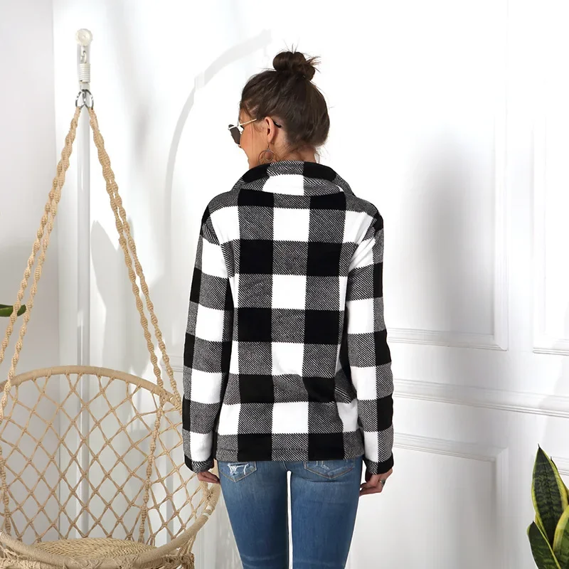 Big Checkerboard Pullover Sweatshirts Women Lapel Half Zip Up Loose Casual Pullovers with Big Pocket Long Sleeve Autumn Clothing