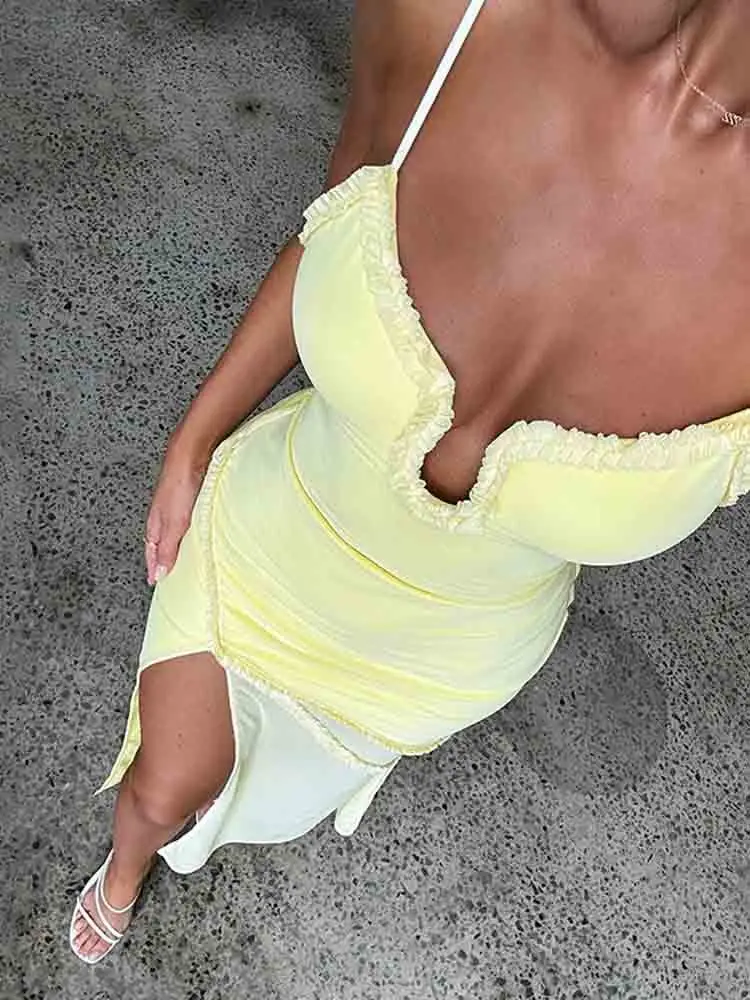 

NIDANSSI Mesh Lace Backless Pleated Sexy Dress Women 2024 Elegant Holiday Casual Dress Bodycon Maxi Long Summer Dress Vestidos
