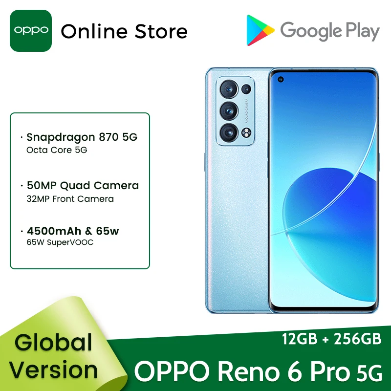  Global Version OPPO Reno 6 Pro 5G Smartphone 12GB 256GB Snapdragon 870 6.55'' 90Hz Display 50MP Quad Cameras 65W SuperVOOC Reno6 