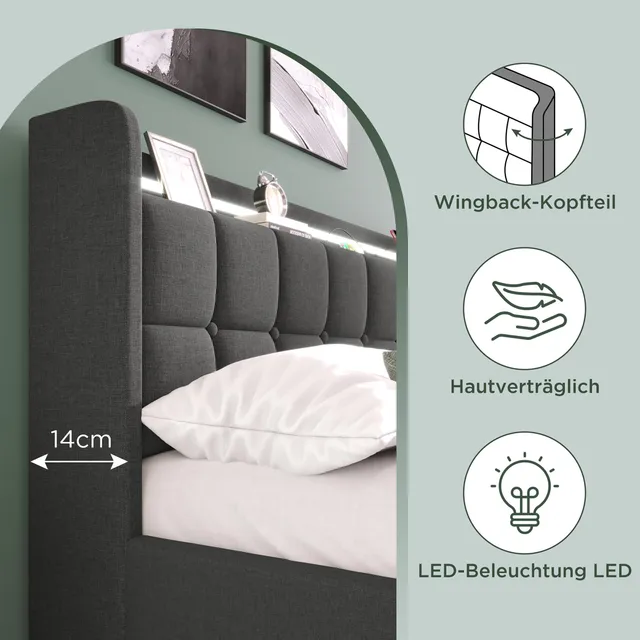 160x200cm Double Bed, Upholstered Bed Wooden Slatted Frame Gray Linen Cover with USB Charging, LED Lighting and 4 Drawers - Image 3