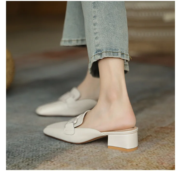 2024 sommer Retro Semi-drag Loafers Kette Frau frauen Med-absätzen Runde Kopf Gold Kette Geschlossene Zehe casual Schuhe – Detail 5