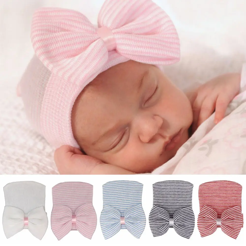 

Stripe Infant Hat For 0-6 Month Newborn Baby Hospital Hat Soft Cotton Cute Big Bow Beanie Cap Winter Turban Hats for Baby Girls