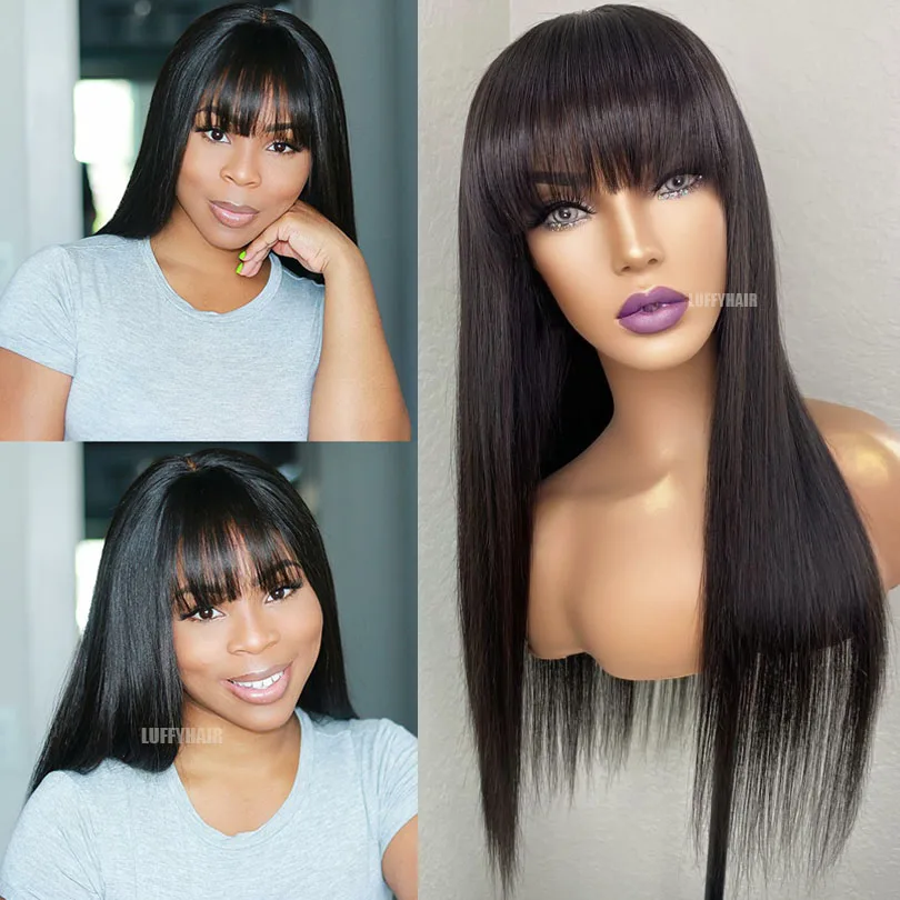 Silk Base Full Lace Human Hair Wig with Bangs Brazilian Silky
