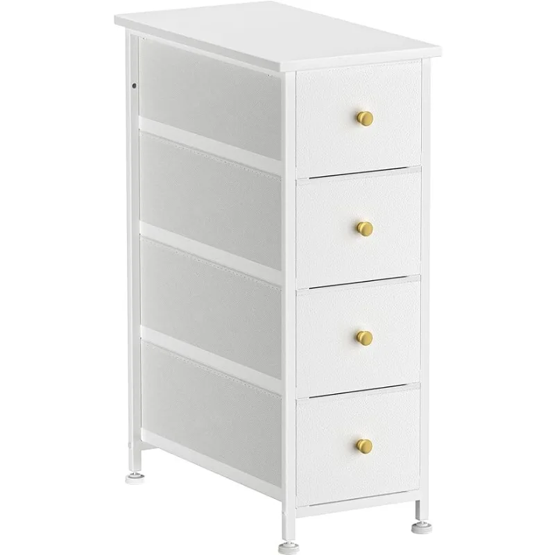 

Narrow Dresser Storage Tower with 4 Drawers, Slim Dresser Chest of Drawers with Steel Frame, Wood Top, Golden Knobs