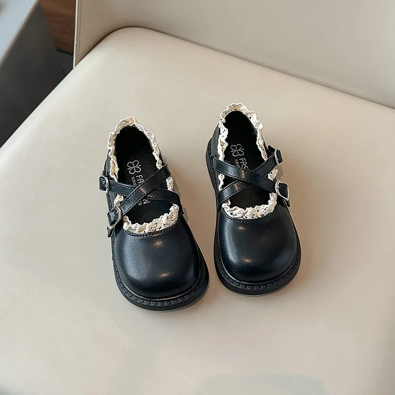 Fashion Princess Shoes for Girls Children Cross Strap PU Leather Flats Baby Girls Lace Lotus Edge Trendy Mary Jane Dress Shoes 5
