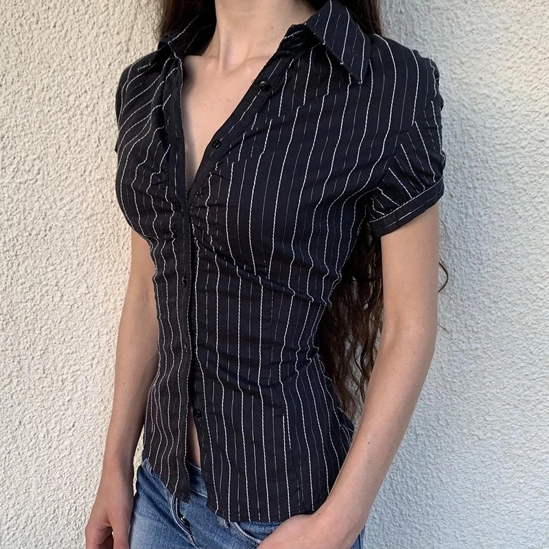 Black White Striped Button Tee Shirt Y2K Women Casual Puff Sleeve Fitted Crop Top Casual Retro Turndown Collar Tops