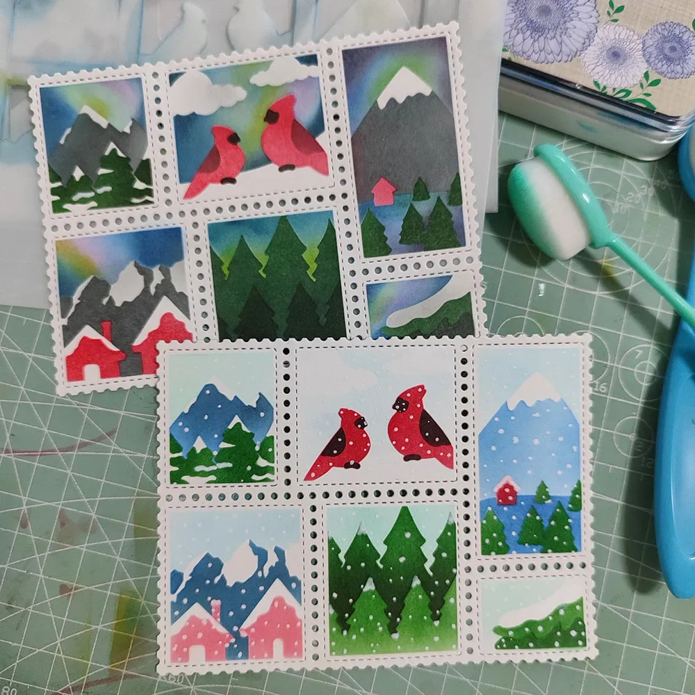 Metal Cutting Dies Snowy Postage Collage Stencil for Card Making A6 A7 Slimline Winter Postage Clear stamp