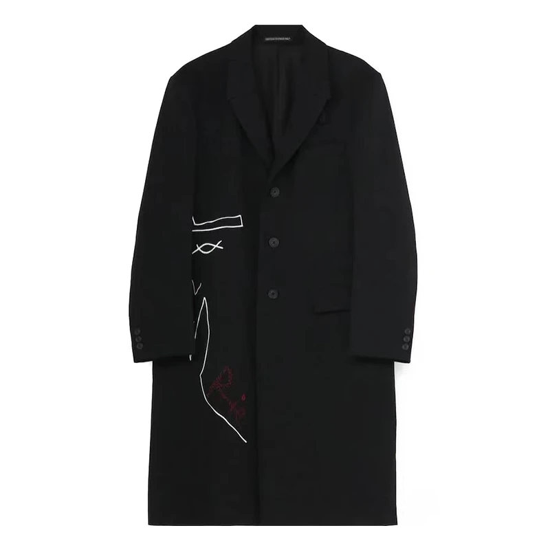 Yohji yamamoto -야마모토 자수 윈드브레이커 중간 길이 루즈핏 코트 남녀 공용, 심플한 스타일, 봄 가을 패션