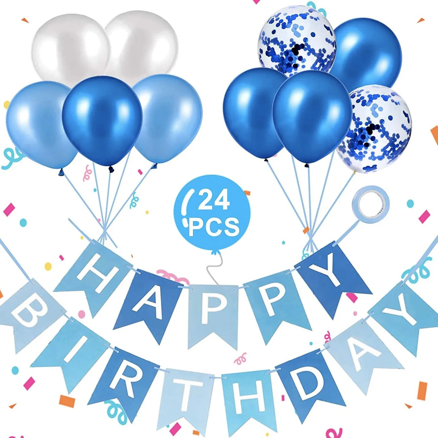 24-teiliges Happy Birthday Banner Set mit Goldbuchstaben, Fischschwanz-Wimpelkette, Blaue Luftballons, Party-Dekoration