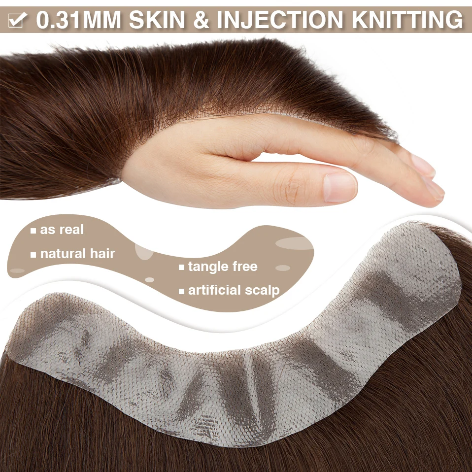 S-noilite Men\'s Capillary Prothesis Toupee Men Hairline V Loop 4x18cm PU Base 12g Hairpiece Natural Hair Male Replacement System
