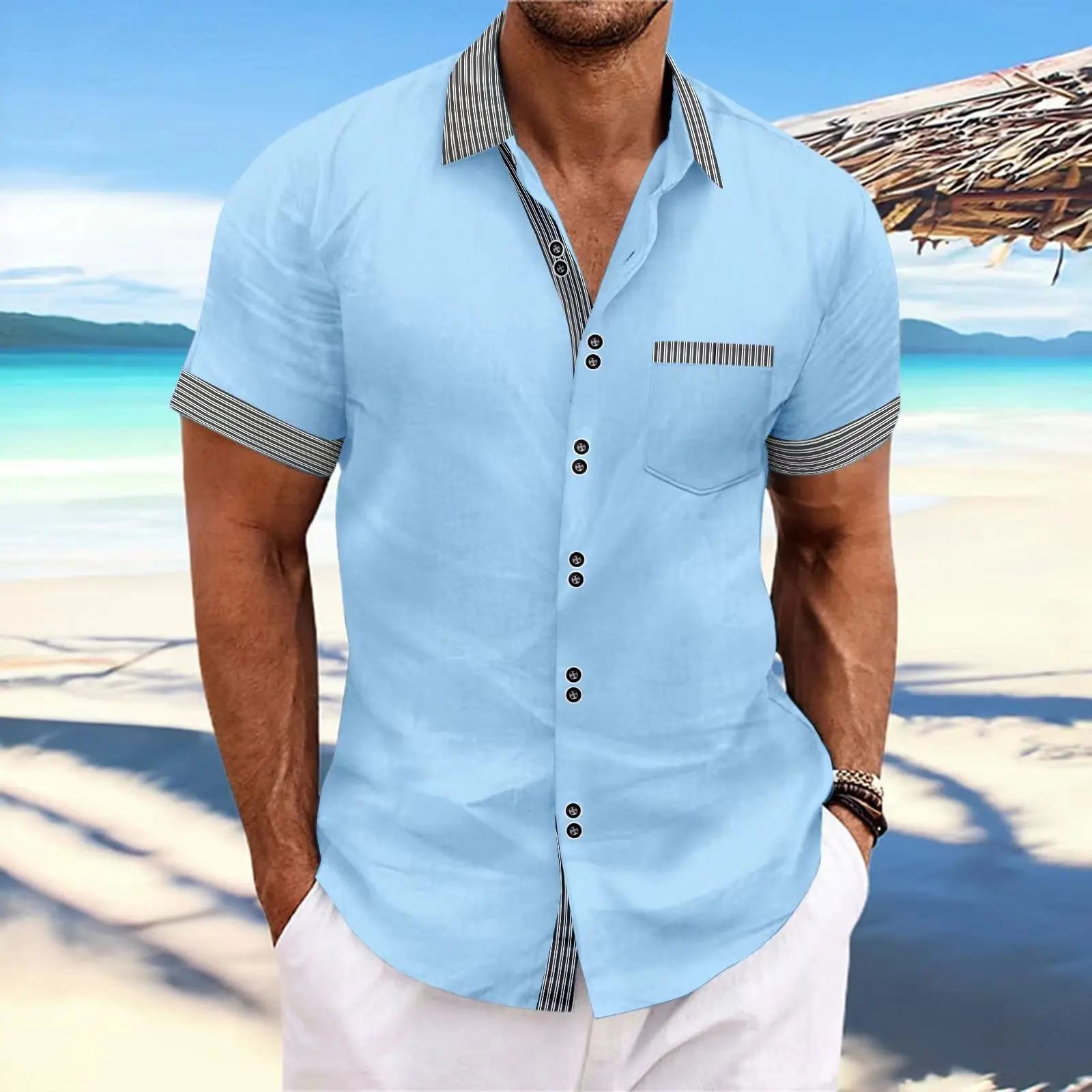 Men's Shirts Fashion Striped Double Buckle Short Sleeve Business Slim Casual