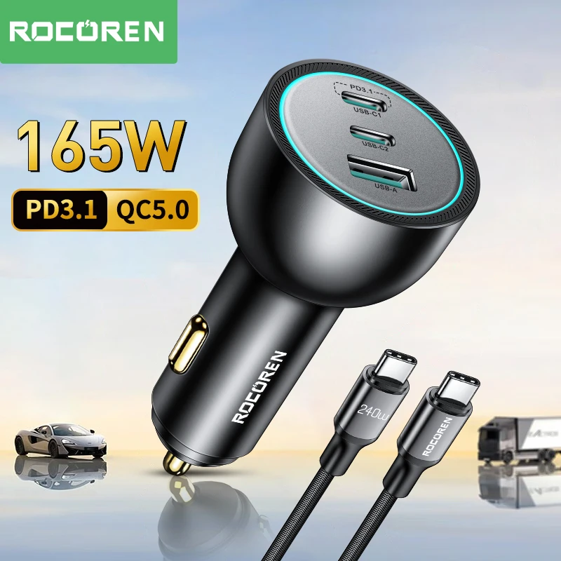 Rocoren-USB Type-C Quick Charge 165W 3.1カーチャージャー,iPhone,Samsung用の急速充電器,PD  140,5.0