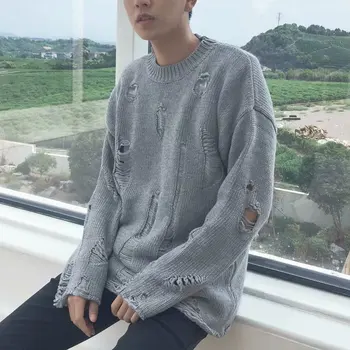 남성 워시 홀 찢어진 니트 스웨터, 단색 찢어진 O넥, 오버사이즈 커플 스웨터, 겨울 멋진 남자 옷, 스트리트웨어