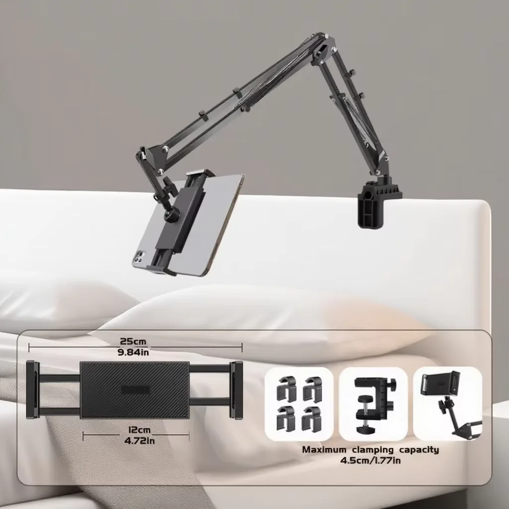 Versatile Adjustable Tablet Holder with Rotatable Long Arm and Sturdy Metal Clamp