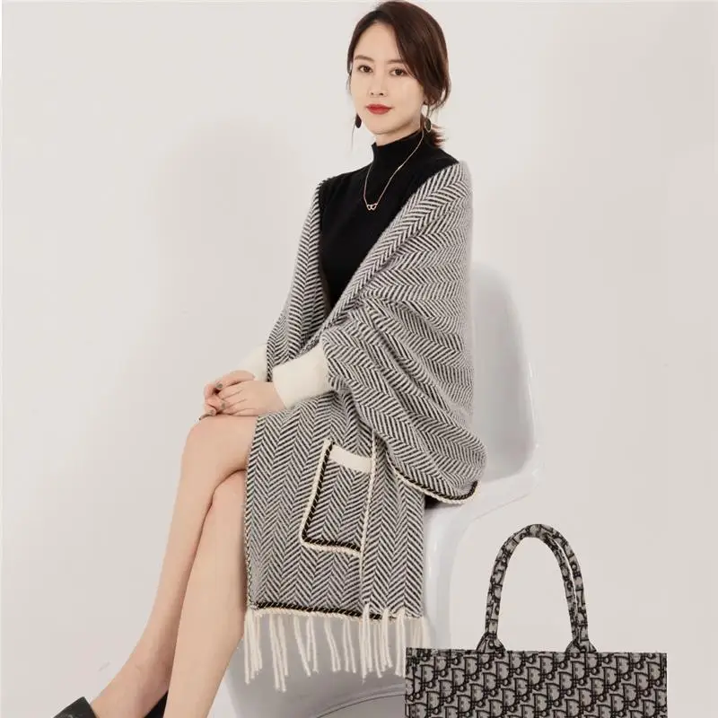 

Sleeved shawl for women in spring and autumn fashion medium long imitation mink coat thick scarf dual-use loose poncho female