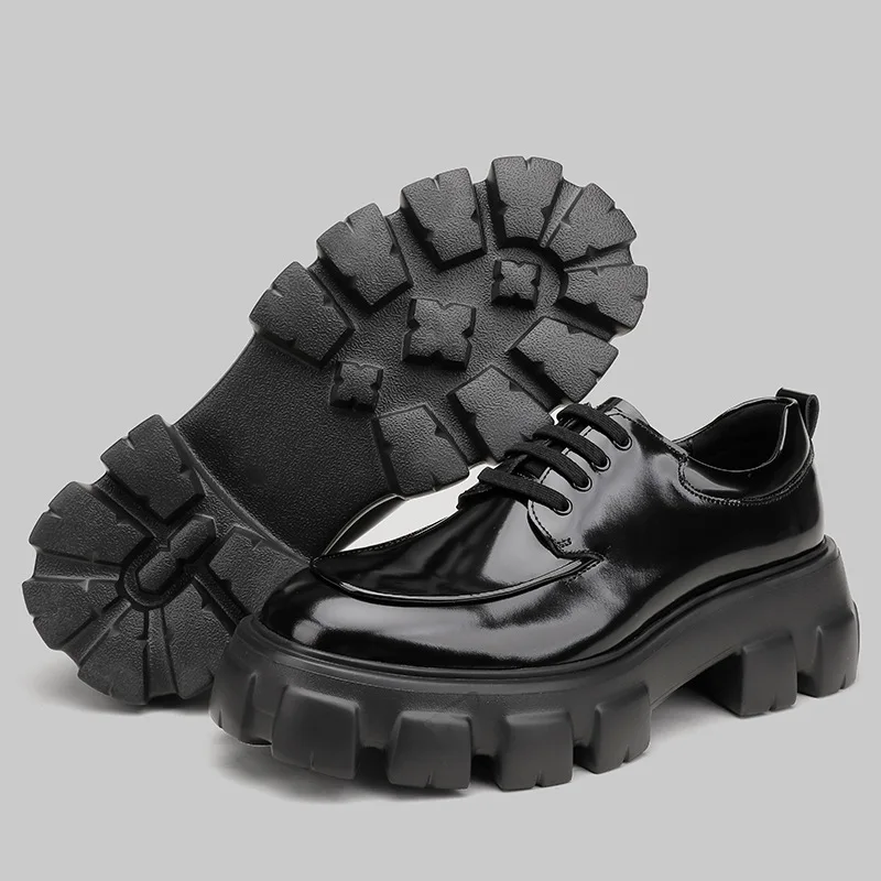Thick Soled Patent Leather Black Lace Up Casual Sports Men's Shoes, Business Leather Shoes, Men's Formal Attire, Career