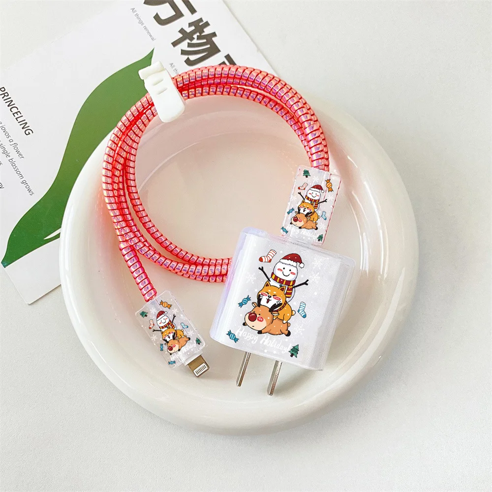 Merry Christmas Silicone Soft Antipolvere Bite Cord Line Cavo Usb Ricarica Head Winder Case Protector Per Apple Iphone 18W/20W