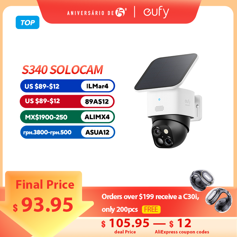eufy SoloCam S340 Solar Security Camera Wireless Outdoor Camera 360Â° Surveillance No Blind Spots 2.4 GHz Wi-Fi No Monthly Fee