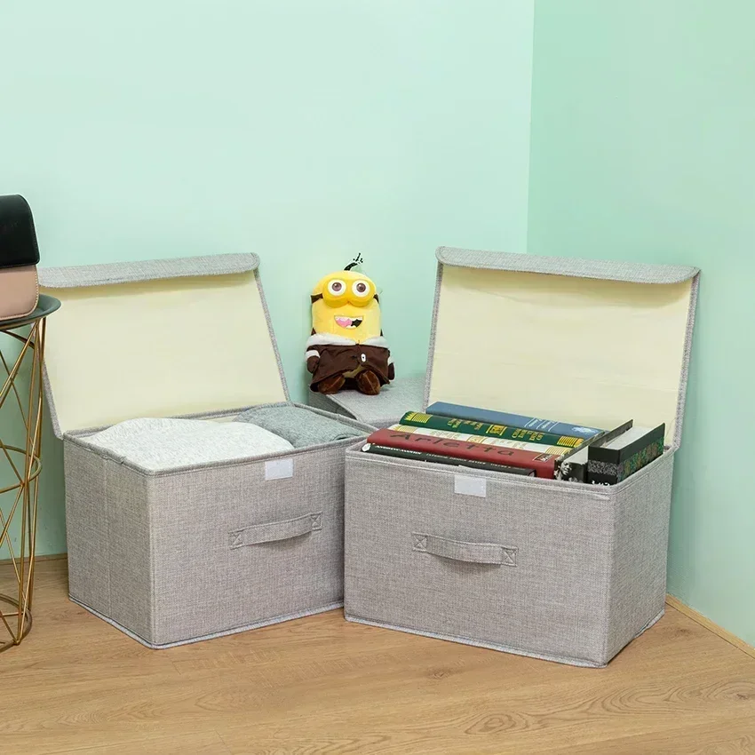 Washable Cotton Linen Fabric Folding CD Storage Box Foldable Bins Toys Organizer With Lid Storage Basket Laundry Basket 3
