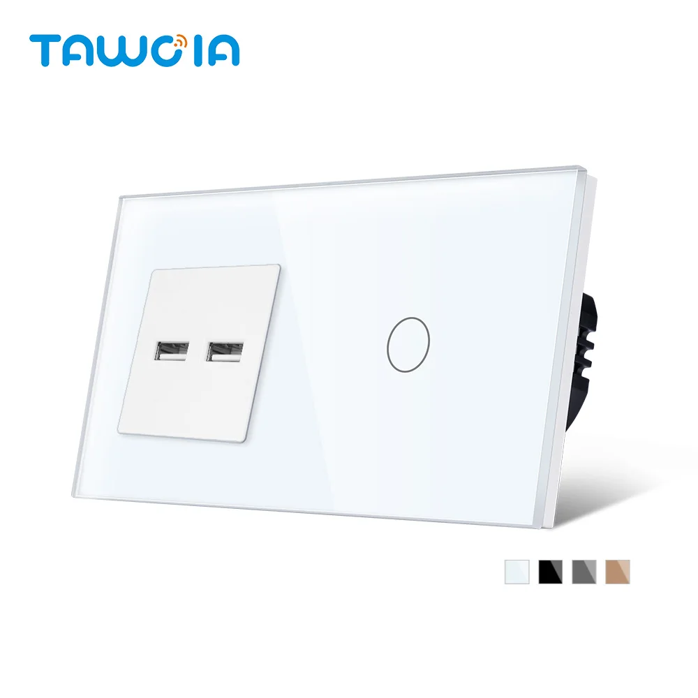 Touch Light Switch With EU USB Wall Sockets Wall LED Switches 1/2/3 Gang 1/2 Way Crystal Glass