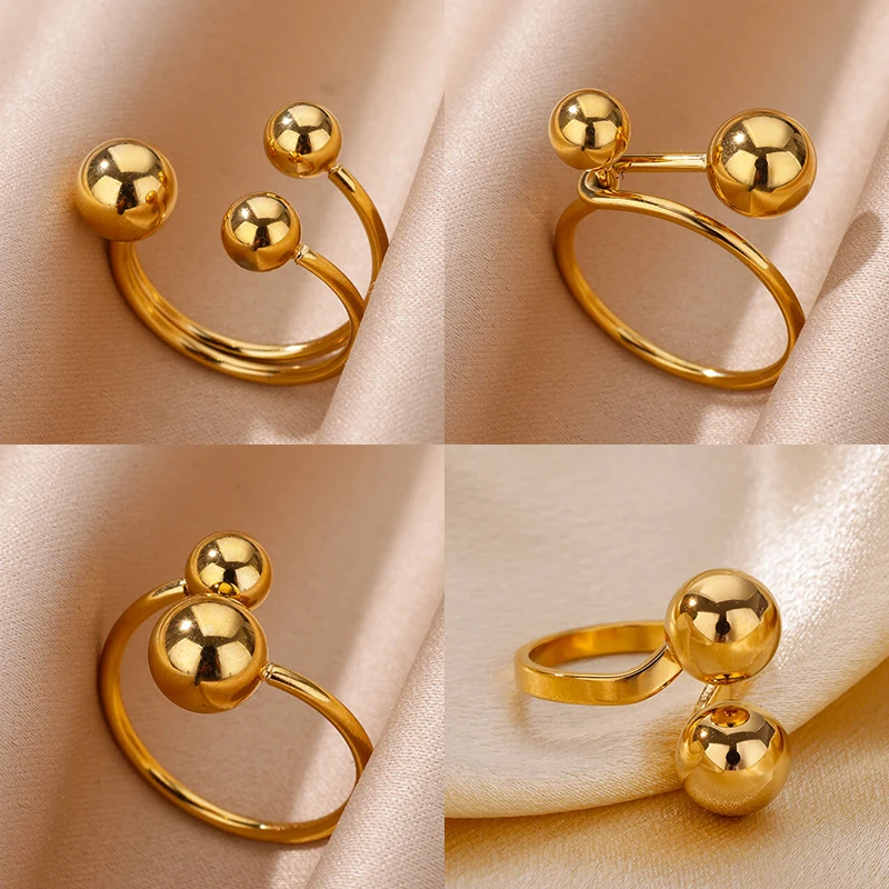 Stainless Steel Bead Ball Rings Adjustable Gold Color