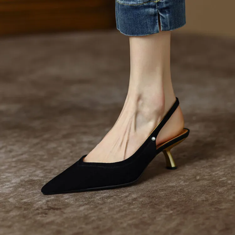 

Black Suede Women Shallow Pumps Pointed Toe Slingback High Heels 6cm Beige Leather Office Lady Work Stilettos Wedding Shoes