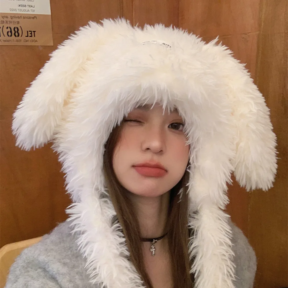 

Japanese Cute Rabbit Ears Plush Pullover Earflap Lei Feng Hat Women Winter Cycling Thickened Warm Versatile Strap Bomber Hats