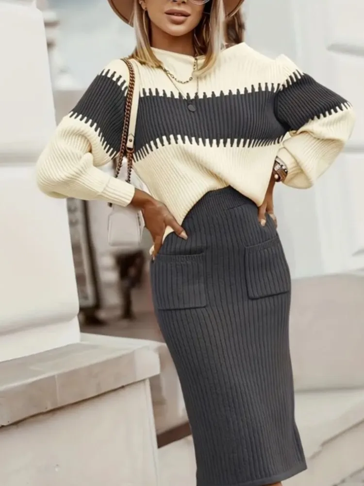 Ensemble 2 pièces pour femme, pull en maille à blocs de couleurs à manches longues, jupe midi taille haute avec poches, élégant, automne-hiver, nouvelle mode 1
