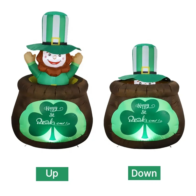St Patricks Day Inflatables Golden leprechauns up and down in clover jars Inflatable Build-in LED Lights Yard Home Decoration