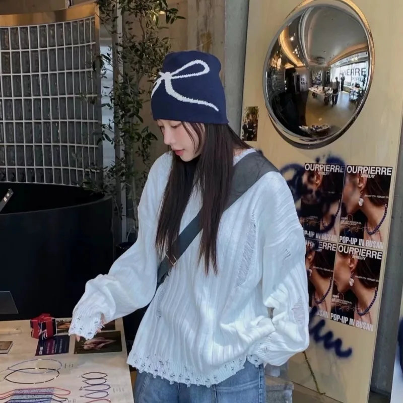 2024 New Korean Fashion Y2k Bow Knitted Skullies Hat Soft Knitted Cap Bow Women Men Couple Beanie Caps Woolen Keep Warm Hats 4