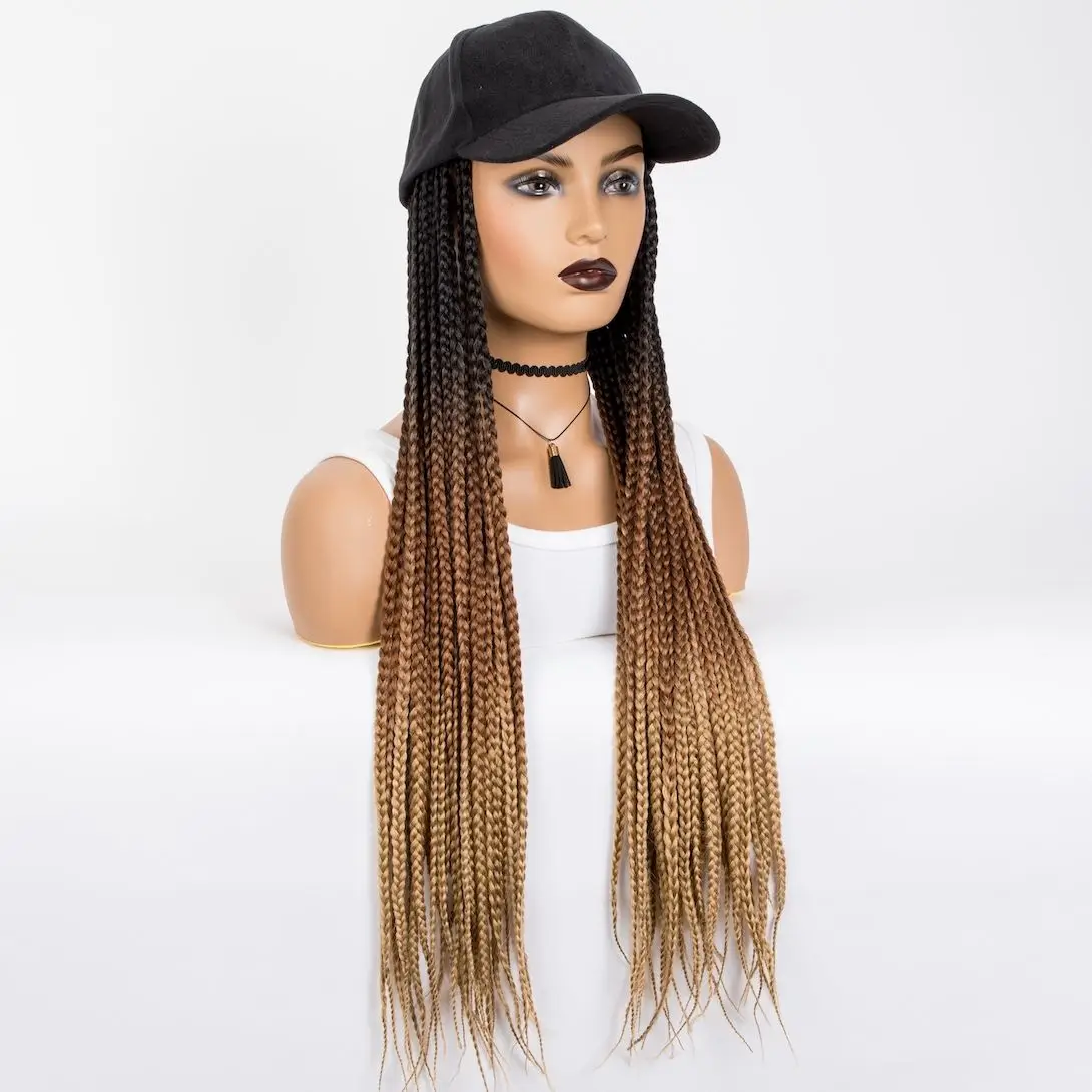 WIGERA Synthetic Ombre Honey Brown 24&ldquo; Braiding Hair Baseball Cap Hat Wig With Braided Box Braids Hair Extensions Women synthetic hair wigs