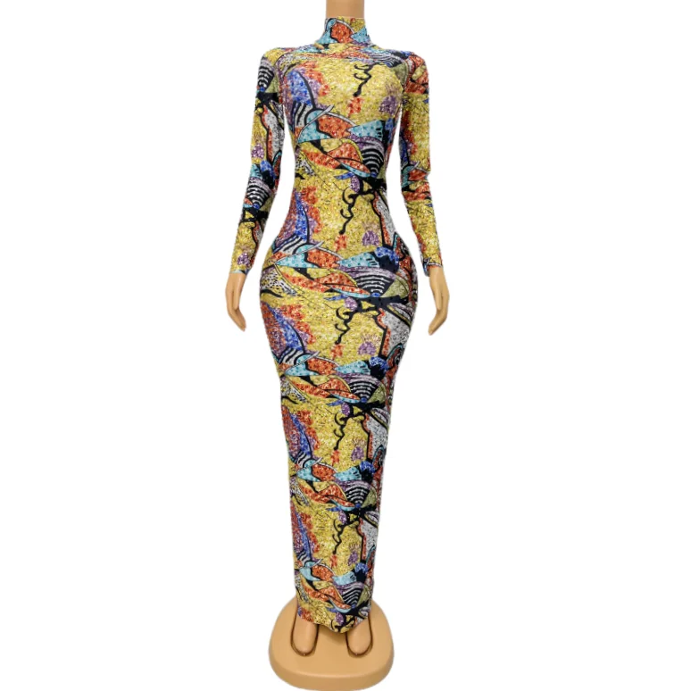 

Sparkly Colorful Pattern Long Sleeves Dress Stage Fashhion Costume Rhinestones Evening Birthday Celebrate