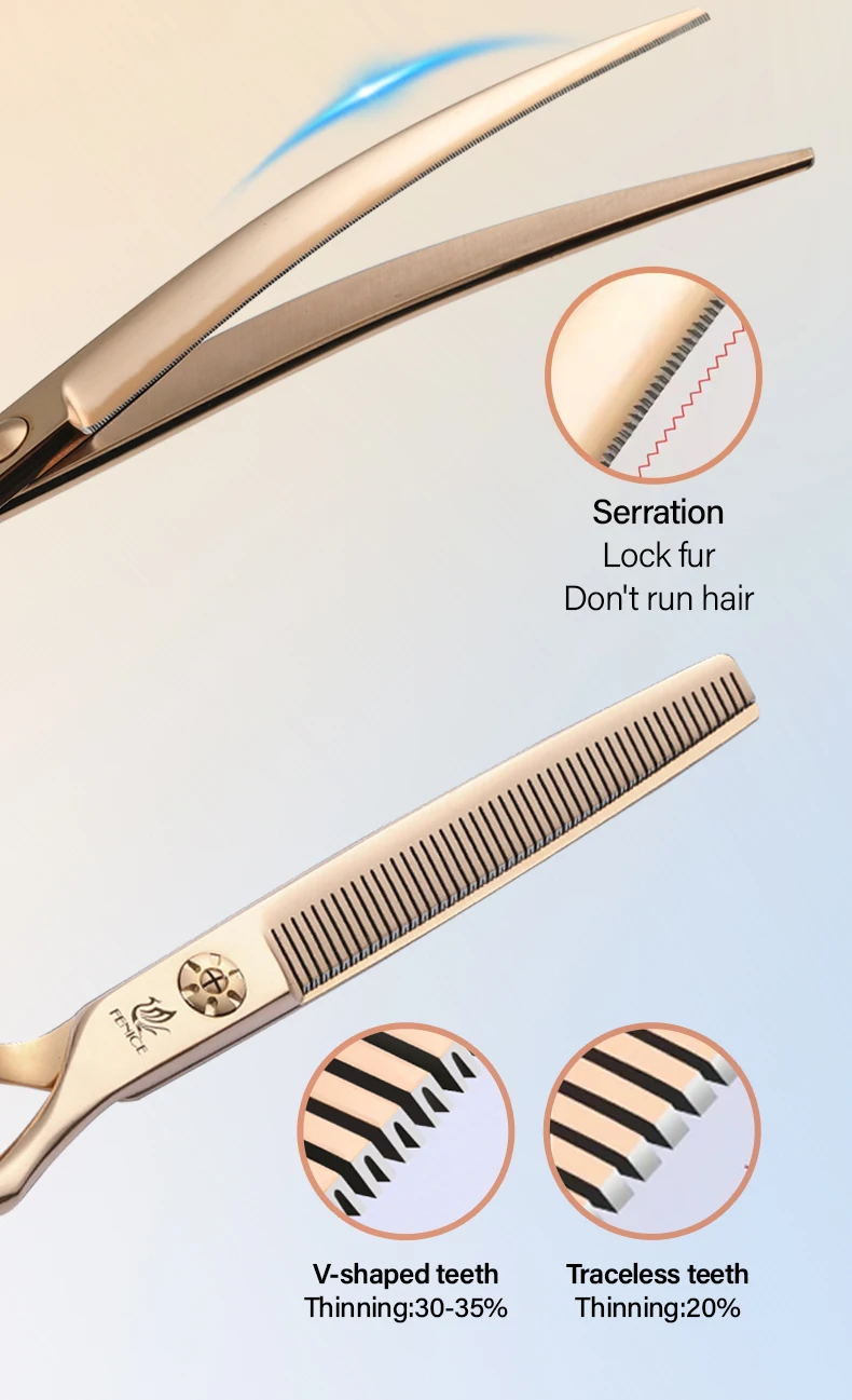 Fenice 6,5/7,0/7,5 Zoll JP440C Roségold Haustierpflegeklinge, gezahntes Scheren-Set, spurloses/V-förmiges Dunnelschere, Hundebesatz – Detail 9