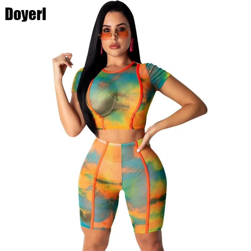 

Женский комплект из 2 предметов с принтом Tie Dye, комплект из двух предметов, короткий топ и шорты, прозрачный сетчатый сексуальный клубный комплект из 2 предметов, летний спортивный костюм