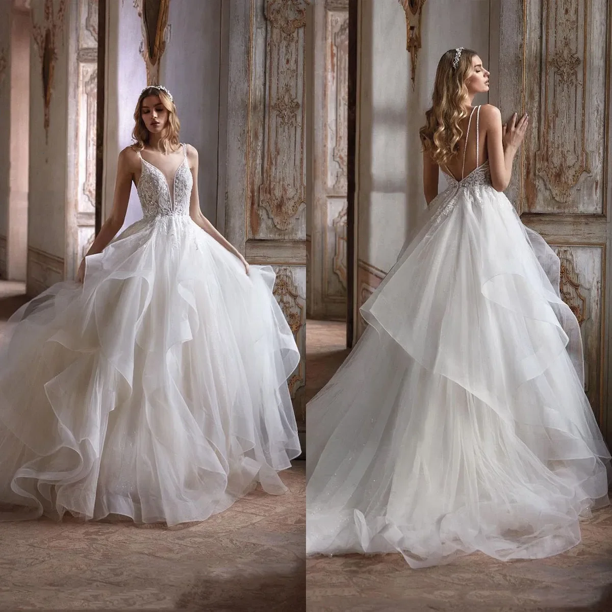 

Sexy Deep V-neck A-line Decal Luxury Wedding dress Sexy backless Italian strap floor-length beach romantic bridal party dress