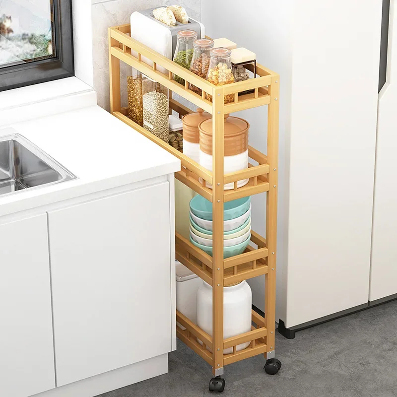 

Multi- layer BambooStorage Shelf with Wheel Kitchen Narrow Gap Rack Floor Standing Bathroom Storage Shelf with Wheels