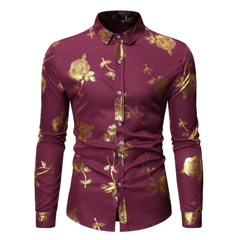 Luxury Shirt Mens Gold Rose Printed Slim Fit Long Sleeve Dress Tuxedo Shirt Camisa De Hombre