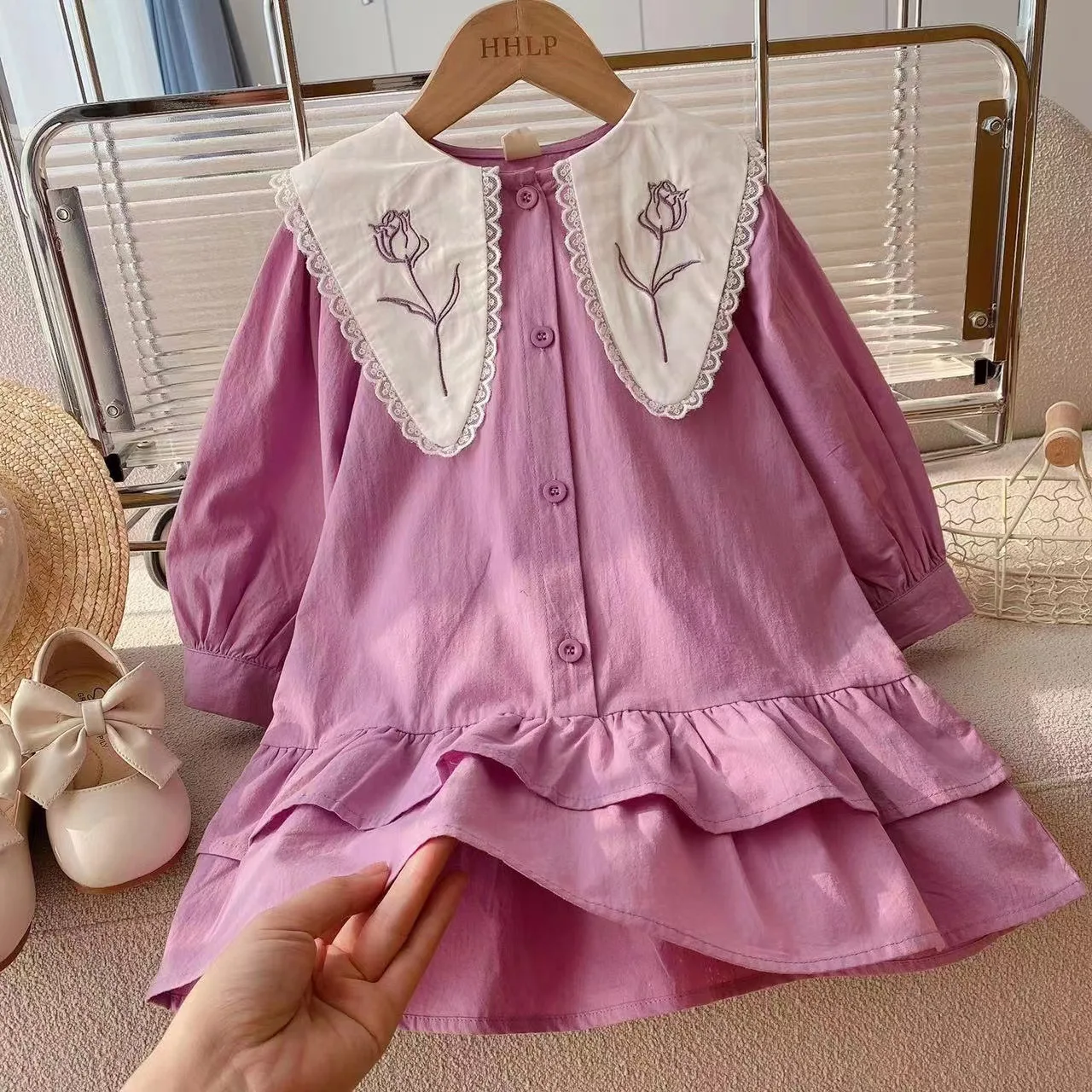Girls Sweet Dress Children Baby Kids Pring Autumn Lace Embroidery Lapel  Pure Fresh Princess Dress Vestidos