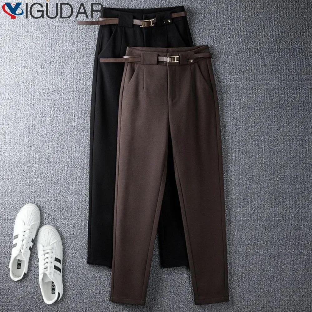 

2023 Autumn and Winter New Curry Woolen Haren Pants Women's Leisure Slim Fit Small Foot Radish Smoke Pipe Pants Womens Clothing