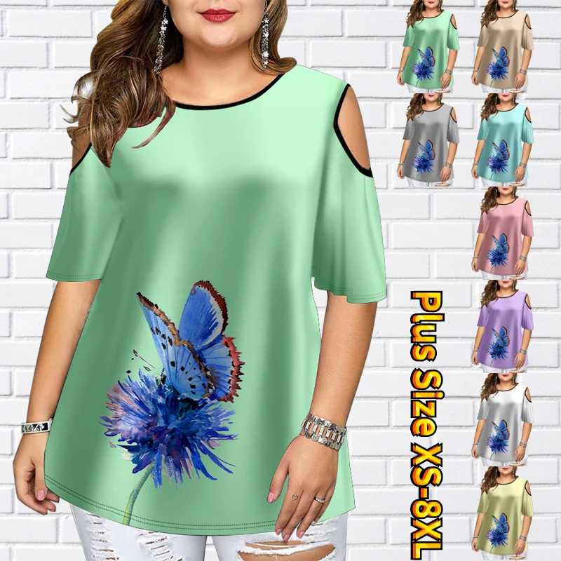 

2022 Summer Off-the-shoulder Top Butterfly Print Short Sleeve Women's Everyday Street Loose T-shirt Sexy Round Neck Pullover
