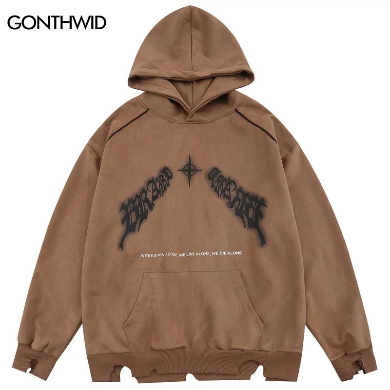 

Hip Hop Suede Hoodie Y2K Streetwear Harajuku Embroidery Letter Graphic Print Ripped Hooded Sweatshirt 2023 Fashion Men Pullover