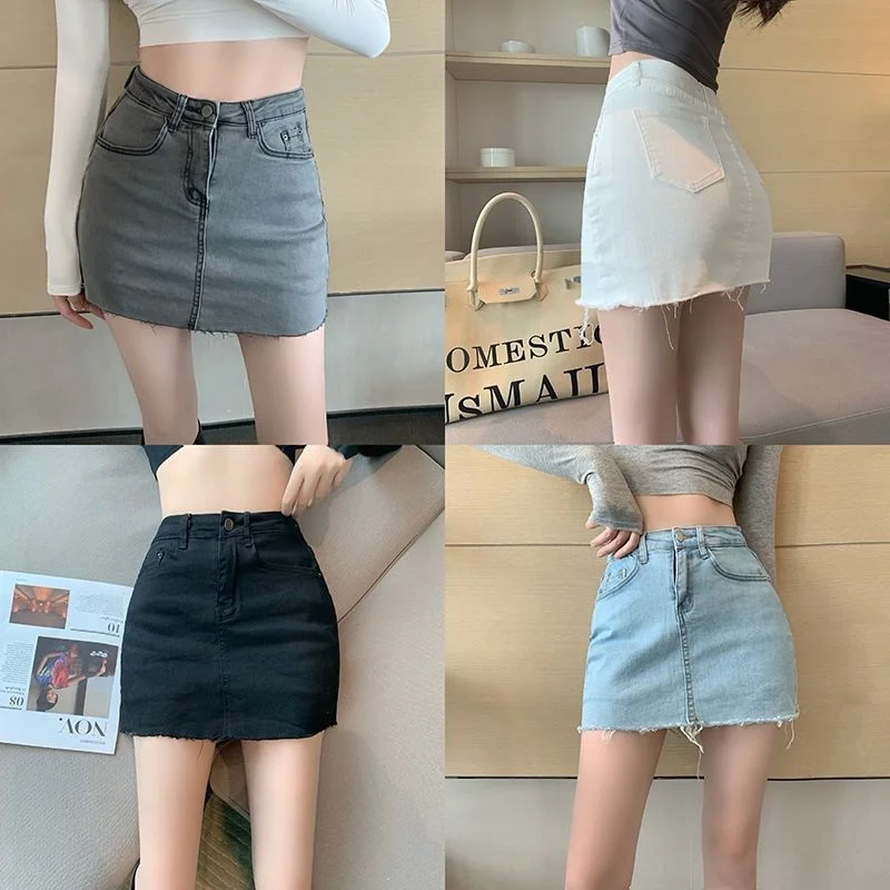 봄 여름 검은 색과 회색 데님 스커트 여성의 높은 허리 단어 패션 버전 슬리밍 안티 노출 짧은 드레스