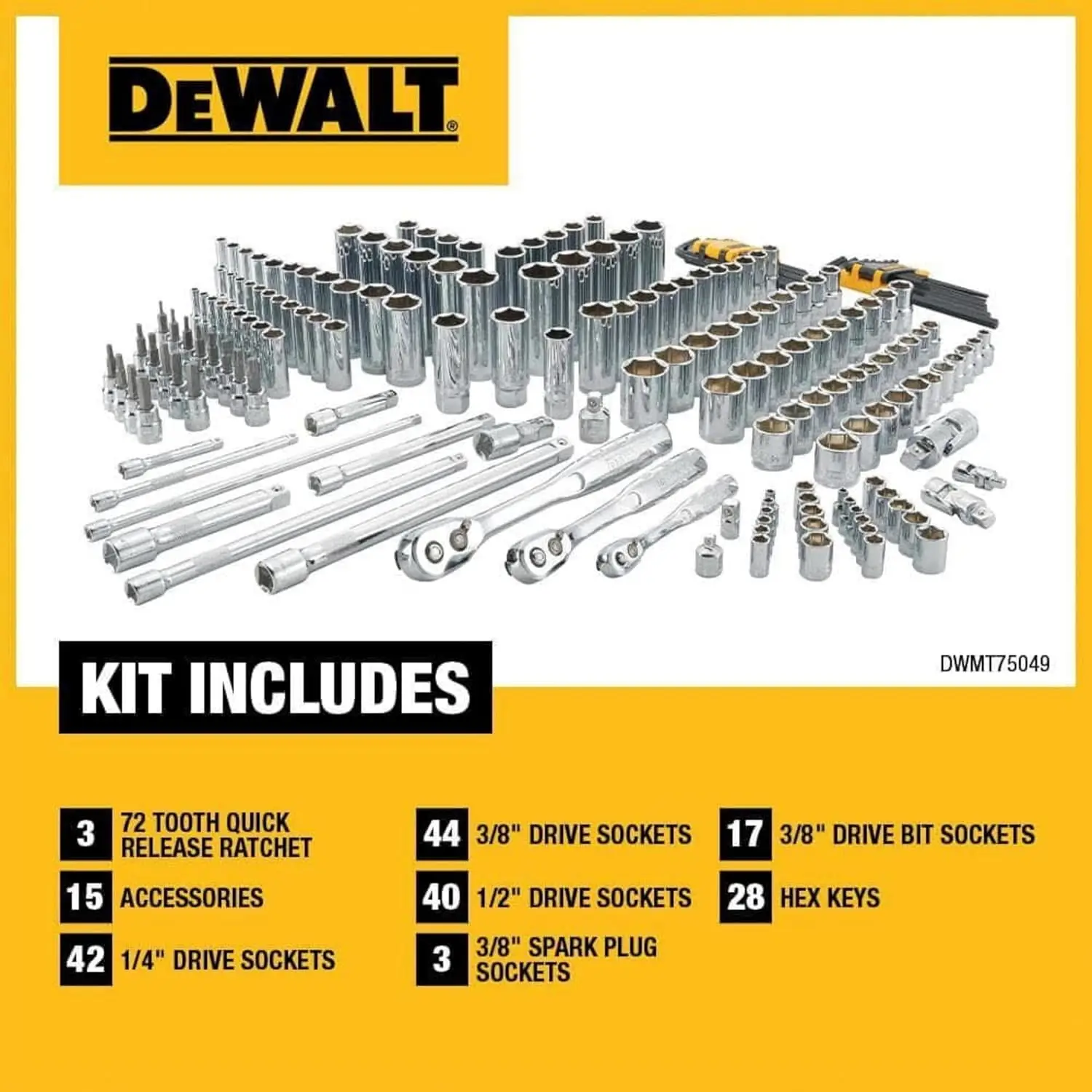 Mechanics Tool Set, SAE and Metric, 1/2, 1/4, 3/8 Drive Sizes, 192-Piece (DWMT75049) 4