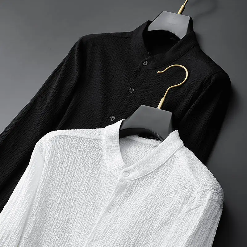 Spring/Summer New Casual Light Thin Set For Men Stripe Standing Neck Man Shirt Paired With Pants Style White Suit 2024 Autumn 6