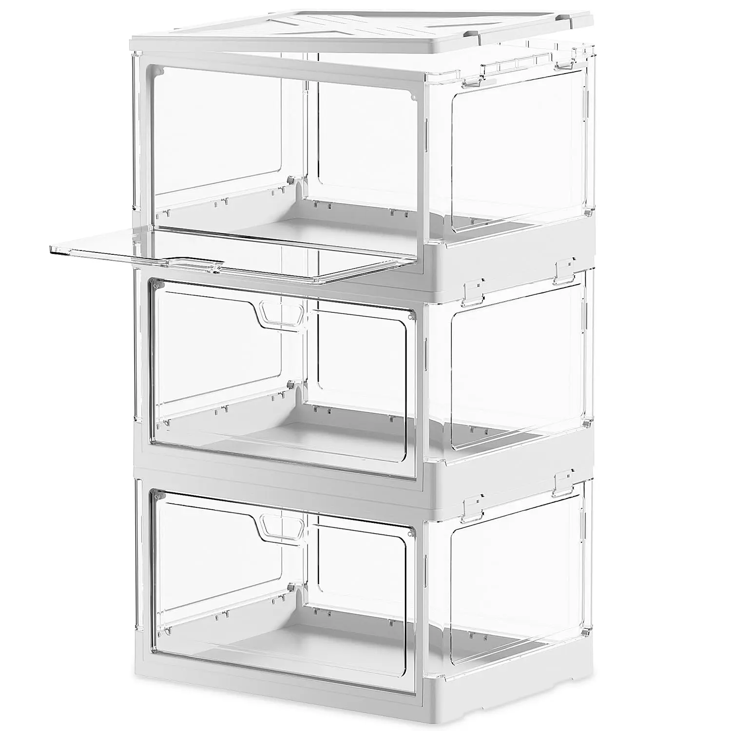 

70 Qt Plastic Collapsible Organizer Containers Boxes with Doors for Closet Living Room Bedroom - White 15x11.2x8.7 x 3-Pack