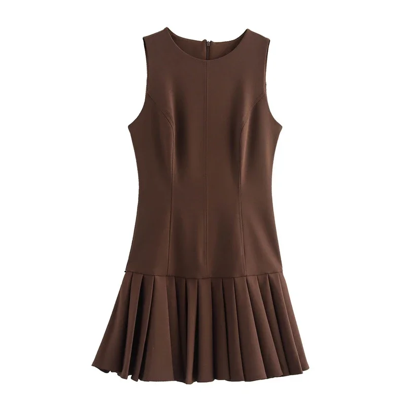 Elegant Pleated Mini Dress Women Brown O-Neck Sleeveless A Line High Waist Party Dresses Fashion Casual New Zipper Robes